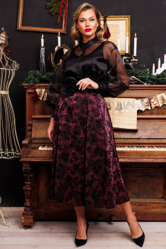 Блуза из органзы с рукавом на манжете и V-вырезом Мода Юрс 2880 черный_бордо - фото 2