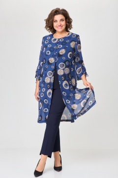 На каждый день костюм туника топ и брюки из текстиля и шифона БАГРЯНИЦА 5050 синий/круги - фото 2