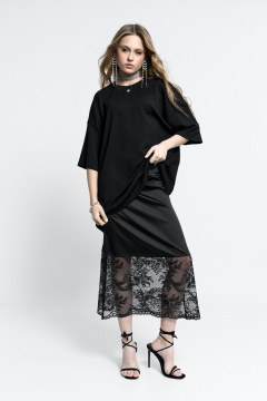 Нарядная юбка из атласа и кружева с боковой молнией MilMil 1151 Вена_черный - фото 1