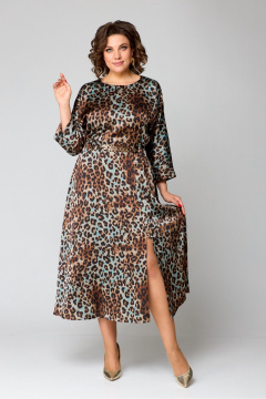 Платье миди с рукавом ¾ из текстильной ткани Danaida 2131 леопард_изумрудный - фото 4