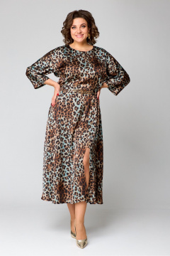 Платье миди с рукавом ¾ из текстильной ткани Danaida 2131 леопард_изумрудный - фото 1
