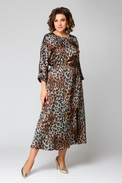 Платье миди с рукавом ¾ из текстильной ткани Danaida 2131 леопард_изумрудный - фото 3