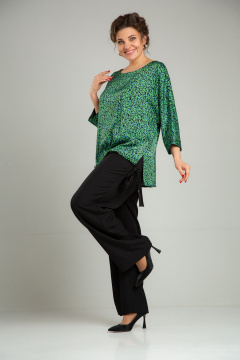 Нарядный двойной комплект из блузона и брюк с принтом TVIN 7829 зеленый - фото 5