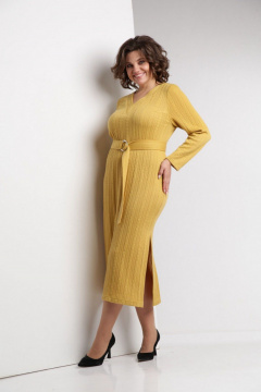 Платье из мягкого трикотажа с V-образным вырезом и поясом ZigzagStyle 572 горчичный - фото 4