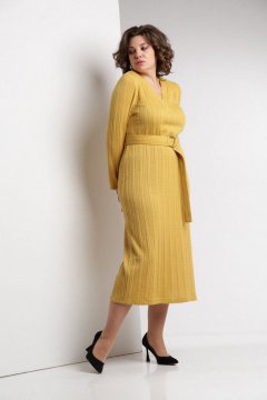 Платье из мягкого трикотажа с V-образным вырезом и поясом ZigzagStyle 572 горчичный - фото 3