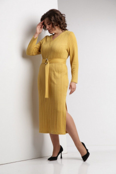 Платье из мягкого трикотажа с V-образным вырезом и поясом ZigzagStyle 572 горчичный - фото 2