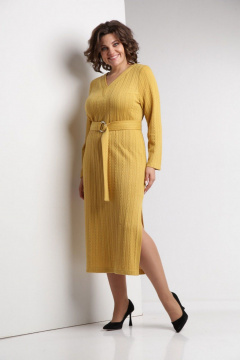 Платье из мягкого трикотажа с V-образным вырезом и поясом ZigzagStyle 572 горчичный - фото 1