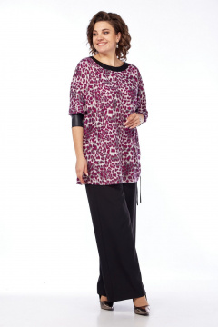 Туника свободного силуэта из трикотажа с экокожей LadisLine 1550 леопард - фото 2