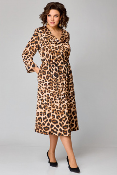Платье миди из атласа леопард с V-образным вырезом Мишель стиль 1244 черно-коричневый - фото 4