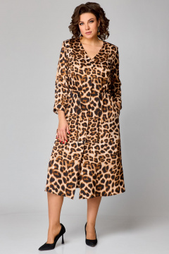 Платье миди из атласа леопард с V-образным вырезом Мишель стиль 1244 черно-коричневый - фото 1