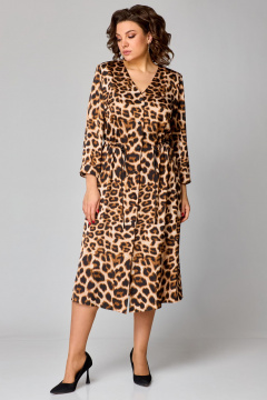 Платье миди из атласа леопард с V-образным вырезом Мишель стиль 1244 черно-коричневый - фото 3