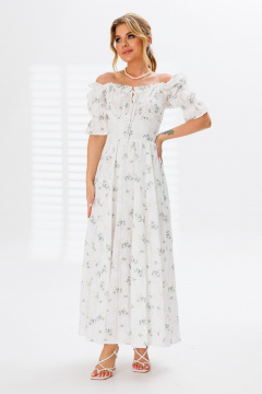 Платье из хлопка с отрезным лифом и драпировками для повседневного стиля Marshop M110-3К белый-зеленый - фото 1