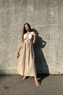 Платье приталенное с сборкой на юбке из вареного хлопка Marshop М114-2 кофейный - фото 3