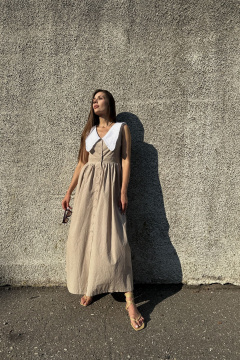 Платье приталенное с сборкой на юбке из вареного хлопка Marshop М114-2 кофейный - фото 1