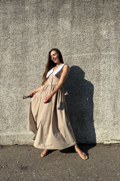 Платье приталенное с сборкой на юбке из вареного хлопка Marshop М114-2 кофейный - фото 2