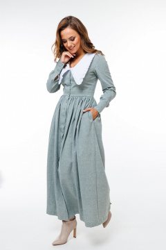 Платье приталенное с объемной юбкой, V-образным вырезом из хлопка Marshop М129 серо-зеленое - фото 4