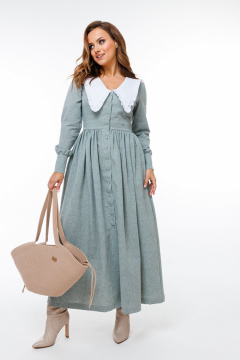 Платье приталенное с объемной юбкой, V-образным вырезом из хлопка Marshop М129 серо-зеленое - фото 1