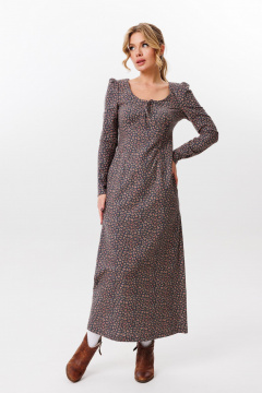 Платье миди с глубоким вырезом и имитацией шнуровки из хлопка Marshop M162 серый_цветочек - фото 1