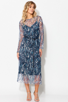 Платье демисезонное нарядное из атласа и сетки Laikony L-462 синий - фото 1