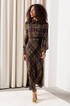 Платье миди из шелка с косым кроем и сборками C. of PAPAYA NEW 1746 клетка_мультиколор - фото 4