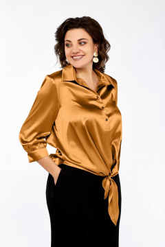 Оранжевая нарядная блуза из текстиля с рубашечным воротником Ольга Стиль С-878 янтарный - фото 5