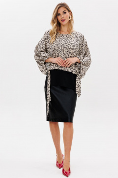 Блуза и юбка большие размеры, кожаная юбка, демисезон Anastasia 1182 платина/черный - фото 1