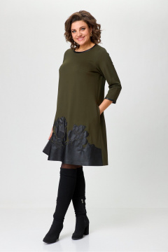 Платье трапециевидное из трикотажа с вышивкой из эко кожи Michel chic 2140 хаки - фото 4