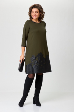 Платье трапециевидное из трикотажа с вышивкой из эко кожи Michel chic 2140 хаки - фото 3