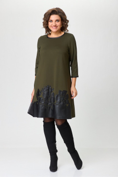 Платье трапециевидное из трикотажа с вышивкой из эко кожи Michel chic 2140 хаки - фото 1