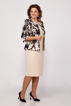 Жакет и платье костюм из поливискозной ткани с принтом Swallow 797 бежевый,принт"чёрные_цветы" - фото 5