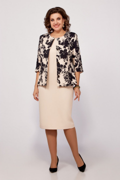 Жакет и платье костюм из поливискозной ткани с принтом Swallow 797 бежевый,принт"чёрные_цветы" - фото 4