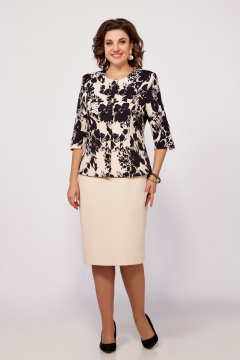 Жакет и платье костюм из поливискозной ткани с принтом Swallow 797 бежевый,принт"чёрные_цветы" - фото 1