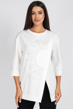 Демисезонная трикотажная блузка со стразами и органзой VIZAVI 720 молочный - фото 3