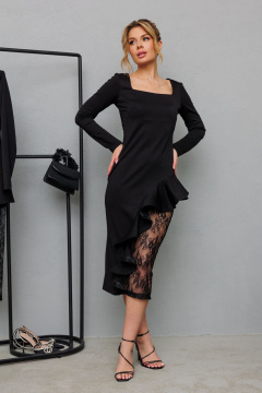 Черное элегантное платье с кружевом и разрезом, нарядное Marshop М164/1 черный - фото 1