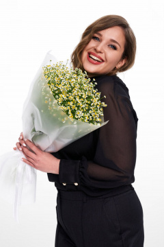 Блуза из атласа с объемными рукавами и воротником-стойкой Ramonki 620-059 черный_шифон - фото 5