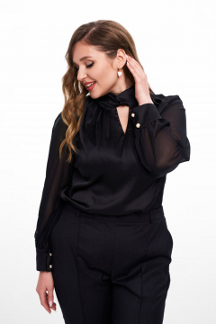 Блуза из атласа с объемными рукавами и воротником-стойкой Ramonki 620-059 черный_шифон - фото 4