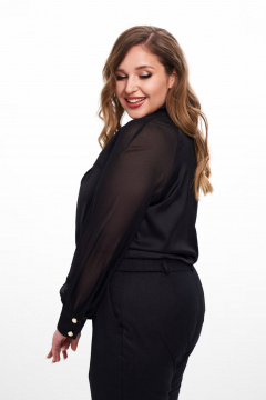 Блуза из атласа с объемными рукавами и воротником-стойкой Ramonki 620-059 черный_шифон - фото 3