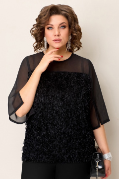 Черная блуза-джемпер с шифоновой вставкой и брюки с высокой посадкой VOLNA 1392 черный - фото 5