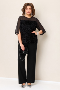 Черная блуза-джемпер с шифоновой вставкой и брюки с высокой посадкой VOLNA 1392 черный - фото 1