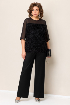 Черная блуза-джемпер с шифоновой вставкой и брюки с высокой посадкой VOLNA 1392 черный - фото 2