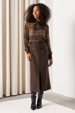 Твидовая юбка из шерсти в деловом стиле с разрезом C. of PAPAYA NEW 1739 коричневый - фото 1