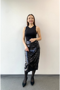 Черная миди юбка из пайеток с разрезом для нарядных образов DOV 8 - фото 1