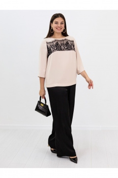 Бежевая кружевная блузка с воротником и вырезом, на каждый день Ollsy 02109 - фото 4