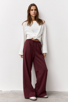 Широкие брюки из костюмной ткани с шнурком и эластичным поясом Luitui R2019 винный - фото 2