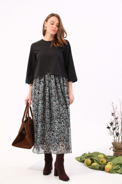 Платье макси из шифона с подкладкой NikVa 740-12 чёрный+бирюзовый леопард - фото 1