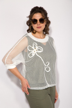 Оригинальный комплект из топа, брюк и блузы в стиле спорт-шик Liliana 1410 белый+хаки - фото 3