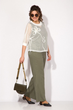 Оригинальный комплект из топа, брюк и блузы в стиле спорт-шик Liliana 1410 белый+хаки - фото 2