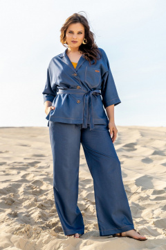 Тройка: брючный костюм с топом и жакетом из текстиля Andina 3003 деним/шафран - фото 1