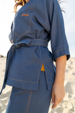 Тройка: брючный костюм с топом и жакетом из текстиля Andina 3003 деним/шафран - фото 3