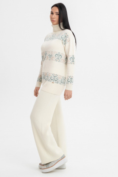 Свитер бежевый жаккардовый с воротом-отворотом и длиной 72 см AREOLA 10455 жемчуг/арахис/абсент - фото 5